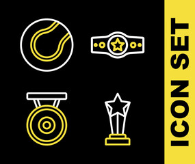 Sticker - Set line Boxing belt, Award cup, Gong and Tennis ball icon. Vector