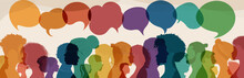 Speech Bubble.Silhouette Heads Men And Women In Profile.Talking Dialogue And Inform.Communicate Between A Group Of Multicultural People Who Talk. Diversity People. Social Network Concept