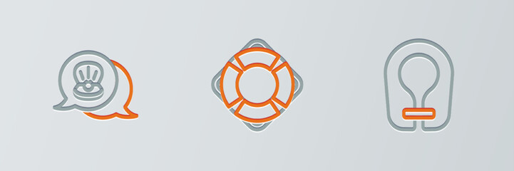 Sticker - Set line Life jacket, Scallop sea shell and Lifebuoy icon. Vector