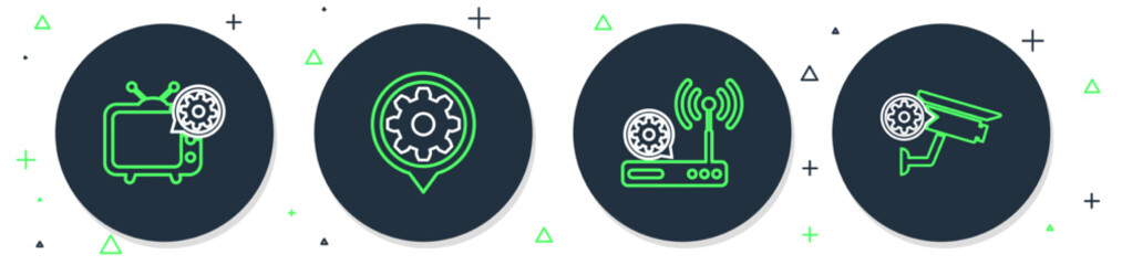 Poster - Set line Setting, Router and wi-fi setting, Tv and Security camera icon. Vector