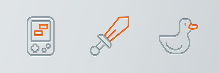 Poster - set line rubber duck, tetris electronic game and sword toy icon. vector