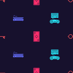 Poster - Set Game console with joystick, Video game, Playing card diamonds and Ancient key for on seamless pattern. Vector