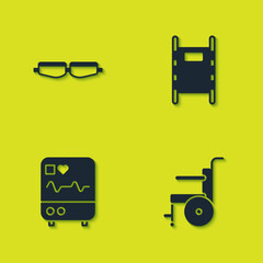 Sticker - Set Safety goggle glasses, Wheelchair for disabled person, Monitor with cardiogram and Stretcher icon. Vector