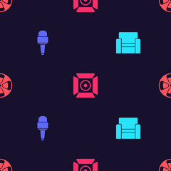 Poster - Set Cinema chair, Microphone, Movie spotlight and Film reel on seamless pattern. Vector