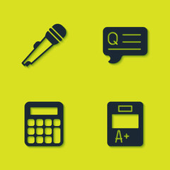 Poster - Set Microphone, Exam sheet with A plus grade, Calculator and Speech bubbles Question icon. Vector