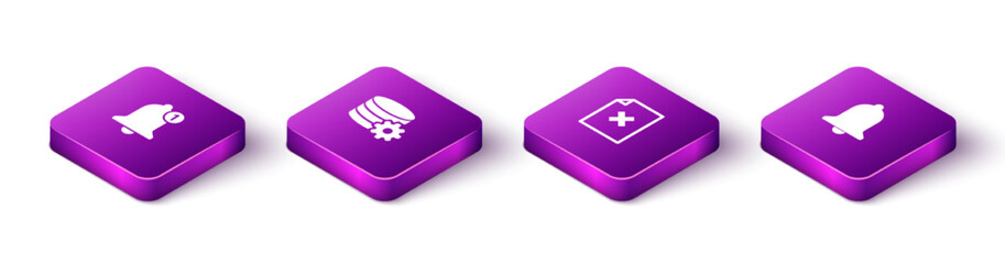 Poster - set isometric bell, setting database server, delete file document and ringing bell icon. vector
