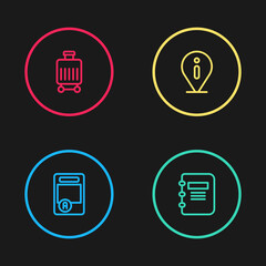 Poster - Set line Exam sheet with A plus grade, Notebook, Information and Suitcase icon. Vector