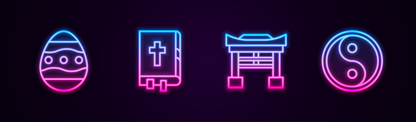 Poster - Set line Easter egg, Holy bible book, Japan Gate and Yin Yang. Glowing neon icon. Vector