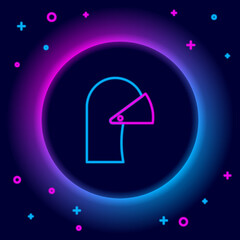 Sticker - Glowing neon line Medieval iron helmet for head protection icon isolated on black background. Colorful outline concept. Vector