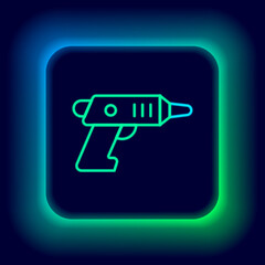 Poster - Glowing neon line Electric cordless screwdriver icon isolated on black background. Electric drill machine. Repair tool. Colorful outline concept. Vector