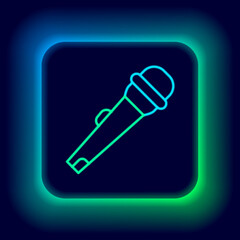 Poster - Glowing neon line Microphone icon isolated on black background. On air radio mic microphone. Speaker sign. Colorful outline concept. Vector