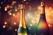 Champagnerflasche mit Sylvester Feuerwerk im Hintergrund, Illustration