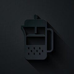 Poster - Paper cut French press icon isolated on black background. Paper art style. Vector