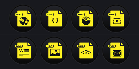 Set DOC file document, MP4, JPG, PHP, PPT, CSS, EML and MP3 icon. Vector