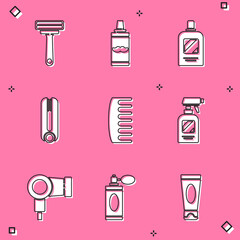 Wall Mural - Set Shaving razor, gel foam, Bottle of shampoo, Curling iron for hair, Hairbrush, Hairdresser pistol spray bottle, dryer and Aftershave with atomizer icon. Vector