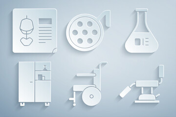 Sticker - Set Wheelchair for disabled person, Test tube and flask, Medicine cabinet, Medical dental, Surgery lamp and X-ray shots icon. Vector