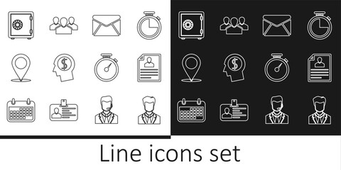 Poster - Set line User of man in business suit, Resume, Envelope, Business planning mind, Map pin, Safe, Stopwatch and Users group icon. Vector
