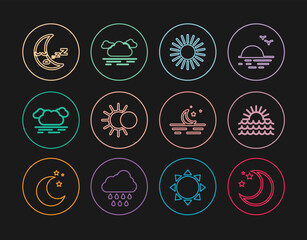 Sticker - Set line Moon and stars, Sunset, Eclipse of the sun, Cloud, icon, and icon. Vector