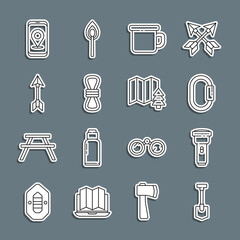 Sticker - Set line Shovel, Flashlight, Carabiner, Camping metal mug, Climber rope, Hipster arrow, City map navigation and Location of the forest icon. Vector