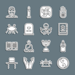 Sticker - Set line Yin Yang, Monk, Jewish torah book, Jainism, Tombstone with RIP written, Pastafarianism, Man third eye and Jesus Christ icon. Vector