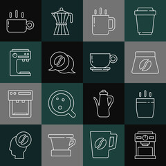 Sticker - Set line Coffee machine, cup, Bag coffee beans, and conversation, and icon. Vector