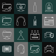 Poster - set line police car and flasher, car protection or insurance, calendar, bottle of wine, headphones, 