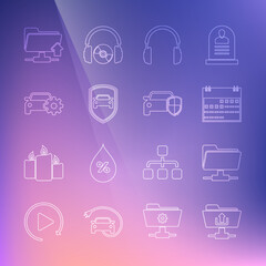 Sticker - Set line FTP folder upload, Calendar, Headphones, Car protection or insurance, service, and icon. Vector