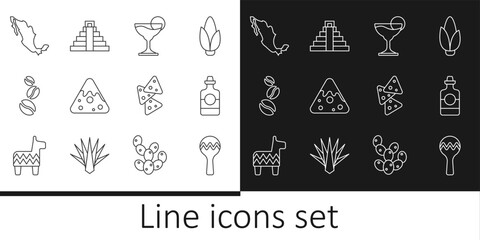 Sticker - Set line Maracas, Tequila bottle, Margarita cocktail, Nachos, Coffee beans, Map mexican, and Chichen Itza in Mayan icon. Vector