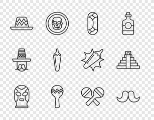 Sticker - Set line Mexican wrestler, Mustache, Burrito, Maracas, sombrero, Hot chili pepper pod, and Chichen Itza in Mayan icon. Vector