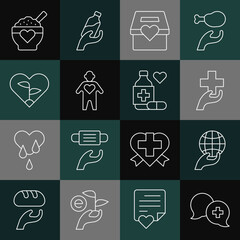 Sticker - Set line Dialogue with doctor, Hand holding Earth globe, Heart cross, Donation charity, Volunteer, Leaf heart, food and Medicine bottle pills icon. Vector