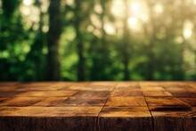 A Wooden Table With A Blurry Forest In The Background, A Wood Floor With A Blurry Image In The Background.