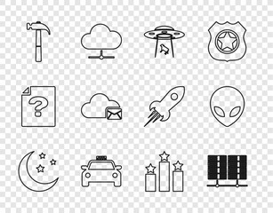 Poster - set line moon and stars, server, data, web hosting, ufo abducts cow, taxi car, hammer, cloud mail se