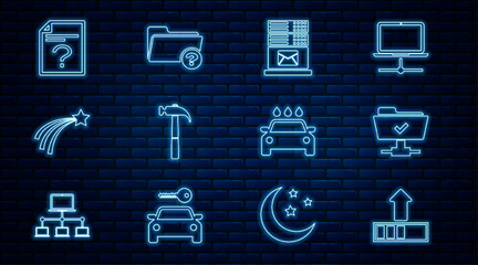 Poster - set line loading, ftp operation successful, mail server, hammer, falling star, unknown document, car
