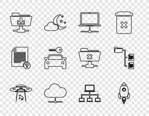 Poster - Set line UFO abducts cow, Rocket ship with fire, Computer network, Network cloud connection, FTP folder download, Car rental, and Folder tree icon. Vector