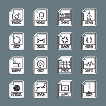 Set line ZIP file document, MP3, CSS, DOC, EML, GIF, RAW and icon. Vector