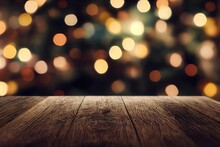 A Wooden Table With A Blurry Christmas Tree In The Background, Wood Table And Blur Christmas Lights In The Background.