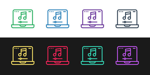 Poster - Set line Laptop with music note symbol on screen icon isolated on black and white background. Vector