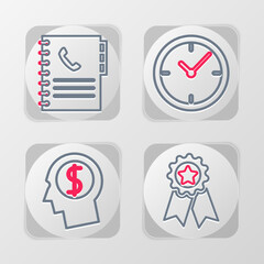 Poster - set line medal with star, business man planning mind, clock and phone book icon. vector