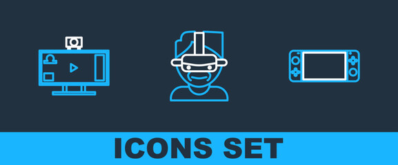 Poster - set line portable video game console, live streaming online and virtual reality glasses icon. vector