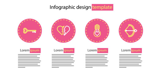 Sticker - Set line Heart shape in light bulb, Bow and arrow, Broken heart and Key icon. Vector