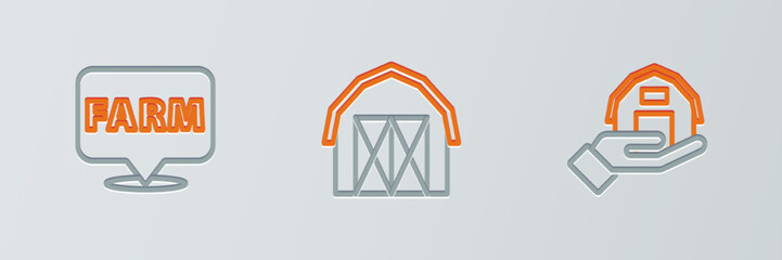 Poster - Set line Farm house in hand, Location farm and icon. Vector