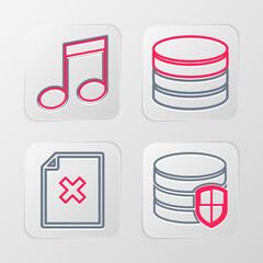 Poster - Set line Database protection, Delete file document, and Music note, tone icon. Vector