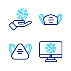 Sticker - Set line Virus statistics on monitor, Medical protective mask, and Hand with virus icon. Vector