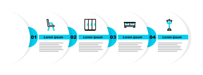 Poster - Set line Coat stand, Chest of drawers, Wardrobe and Armchair icon. Vector