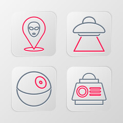 Poster - set line space capsule, planet, ufo flying spaceship and alien icon. vector