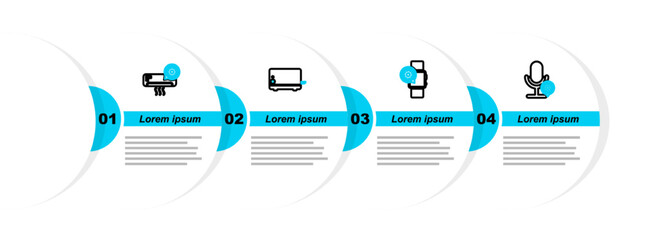 Poster - Set line Microphone setting, Smartwatch, Toaster and Air conditioner icon. Vector