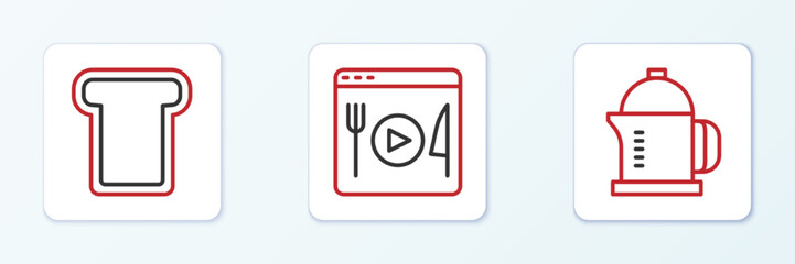 Sticker - Set line French press, Bread toast and Cooking live streaming icon. Vector