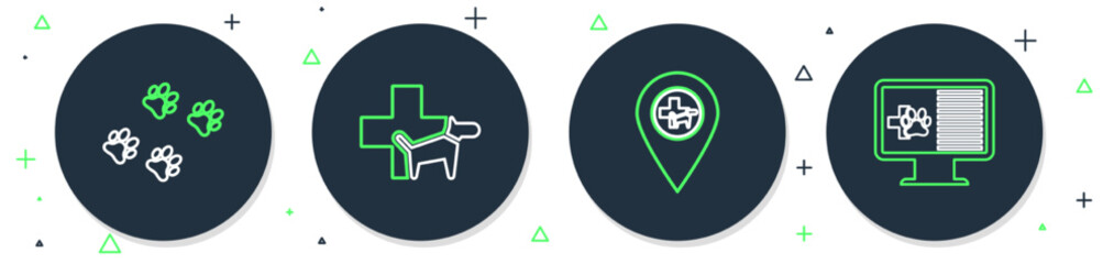 Poster - Set line Veterinary clinic, Location veterinary, Paw print and Clinical record pet monitor icon. Vector