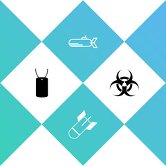 Poster - Set Military dog tag, Aviation bomb, Submarine and Biohazard symbol icon. Vector