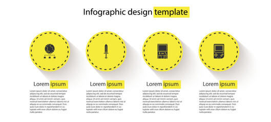 Poster - Set Computer network, Sword for game, Retro arcade machine and Portable video console. Business infographic template. Vector